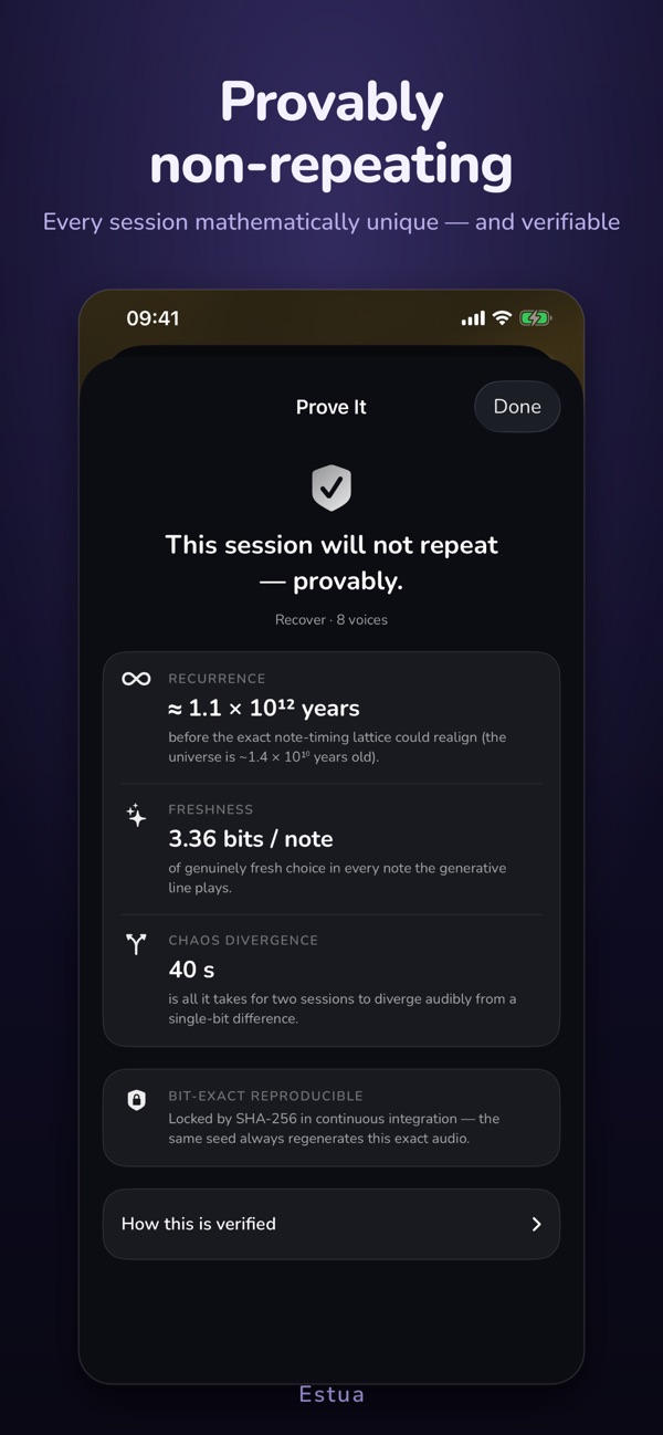 Provably non-repeating — estua screenshot